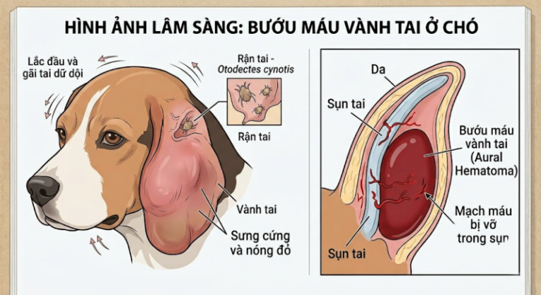 Cơ chế sưng tụ máu vành tai chó mèo do gãi ngứa liên tục vì rận tai.