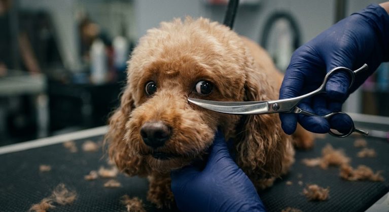 Nguy cơ rách giác mạc khi dùng kéo cắt tỉa lông vùng mặt cho chó.