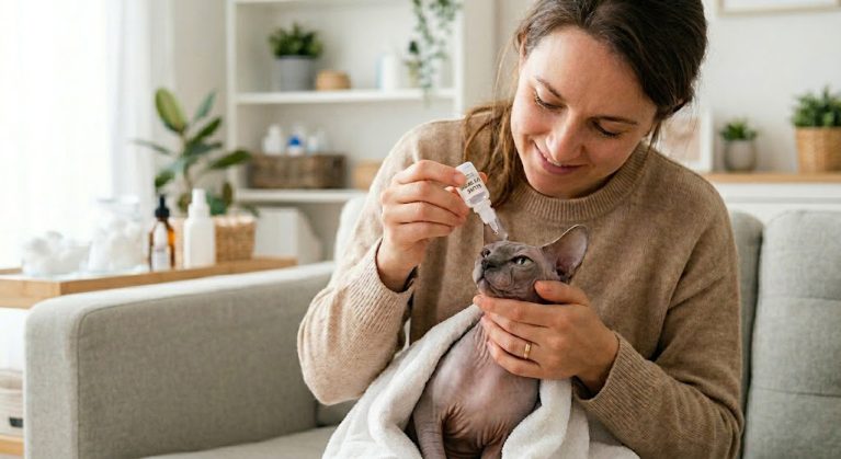 Vệ sinh mắt và nhỏ nước muối sinh lý cho mèo Sphynx hàng ngày.