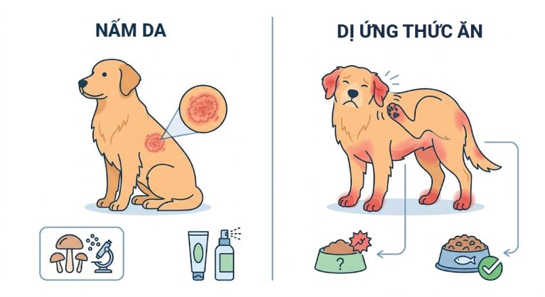 Phân biệt biểu hiện nấm da ở chó mèo và viêm da dị ứng thực phẩm.