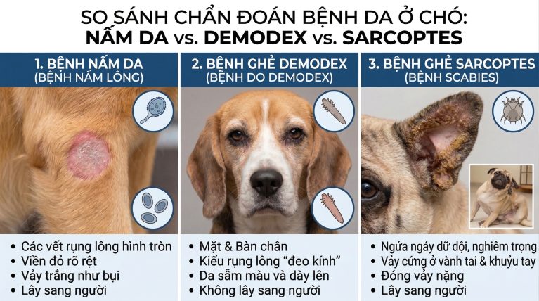 Bảng chẩn đoán phân biệt Nấm da và Ghẻ Demodex, Sarcoptes ở chó mèo