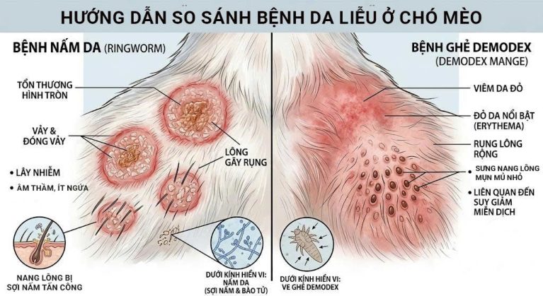 Phân biệt hình ảnh tổn thương nấm da (ringworm) và ghẻ Demodex trên chó mèo ở giai đoạn chớm phát.