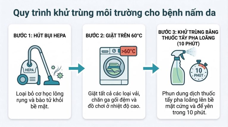 Phác đồ 3 bước khử khuẩn làm sạch môi trường diệt nấm da chó mèo