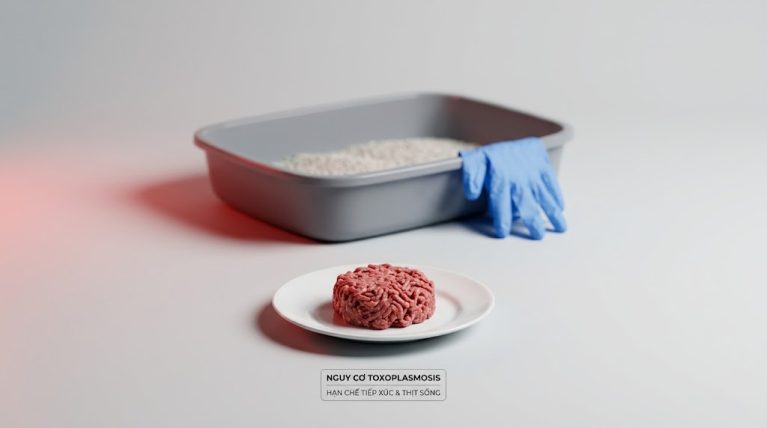 Rủi ro lây nhiễm Toxoplasma từ phân mèo và thịt sống sang phụ nữ mang thai.