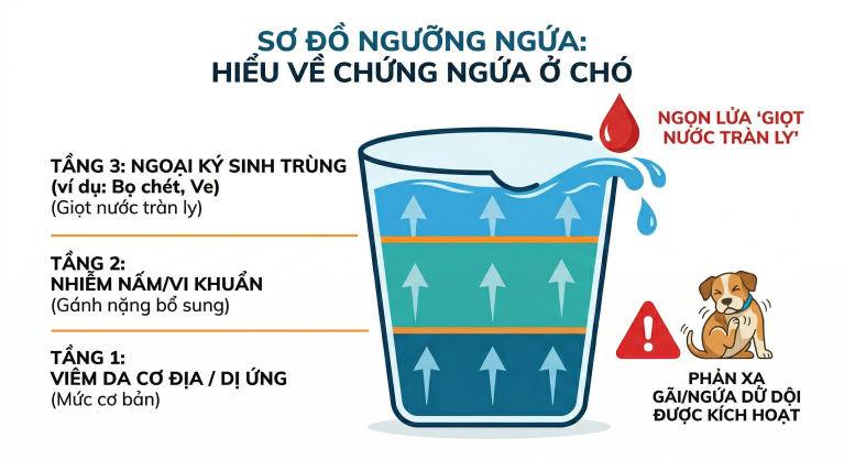 Sơ đồ cơ chế ngưỡng gây ngứa và phản xạ cào cấu ở chó