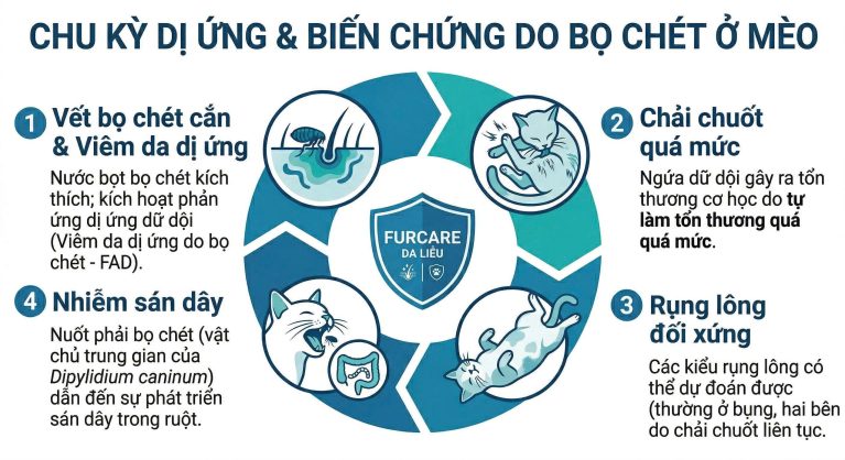 Sơ đồ cơ chế viêm da dị ứng bọ chét và hội chứng chải chuốt ở mèo