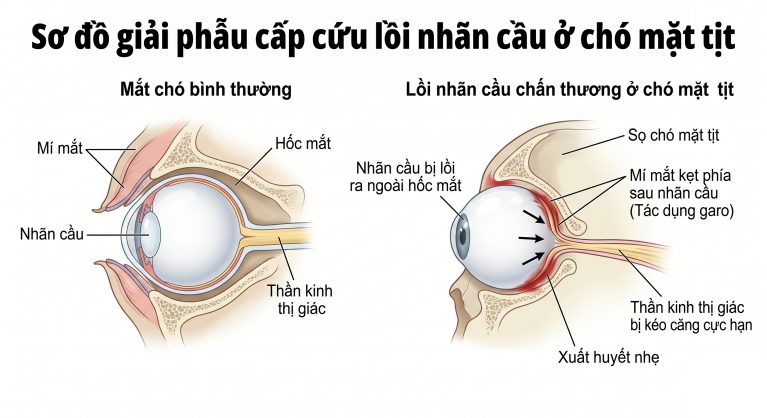 Sơ đồ giải phẫu cấp cứu lồi nhãn cầu ở chó mặt tịt, mô tả mí mắt kẹt lại và sự kéo căng dây thần kinh thị giác.