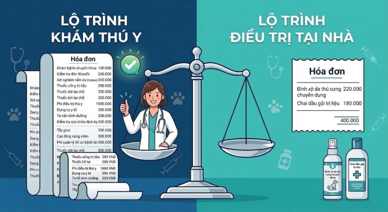 So sánh bảng chi phí điều trị nấm da chó mèo tại phòng khám Thú y và tự điều trị tại nhà.