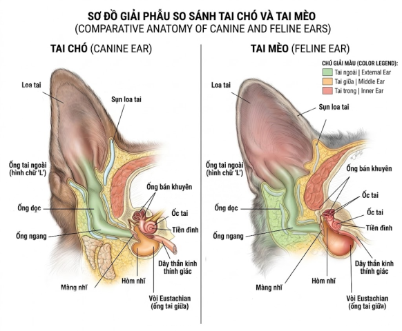 Sơ đồ 3 phần cấu tạo giải phẫu tai chó mèo.