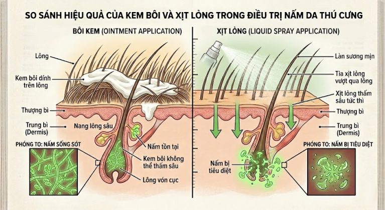 So sánh khả năng thẩm thấu của kem bôi nấm và dung dịch xịt trên cấu trúc lông chó mèo.