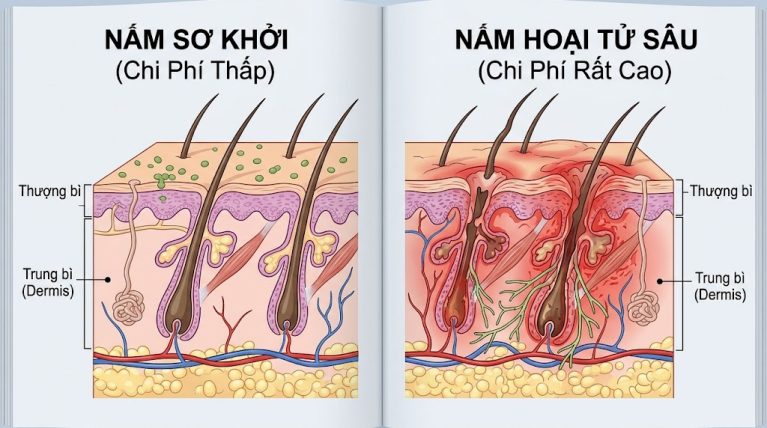 So sánh mức độ ăn sâu của vi nấm da chó mèo tại lớp Thượng bì và Trung bì tác động đến chi phí.