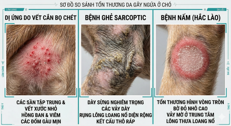 So sánh 3 kiểu tổn thương cận cảnh: Vết mẩn đỏ li ti (Bọ chét) VS Mảng sừng hóa, rụng lông (Ghẻ ngầm) VS Vòng tròn đỏ đóng vảy (Nấm).