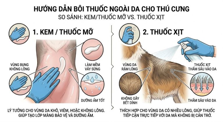 So sánh ứng dụng của thuốc bôi nấm dạng mỡ và thuốc trị nấm dạng xịt trên da chó mèo.