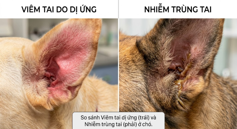 Phân biệt ban đỏ do dị ứng và dịch mủ do nhiễm trùng tai.