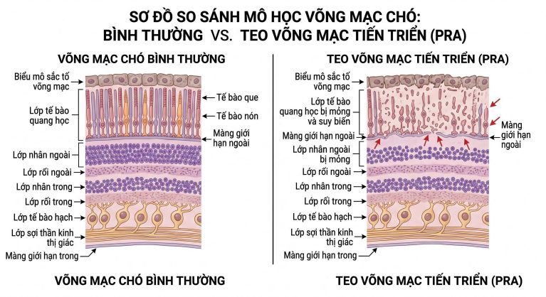 Sơ đồ mô học so sánh võng mạc chó khỏe mạnh và võng mạc bị teo tiến triển (PRA).