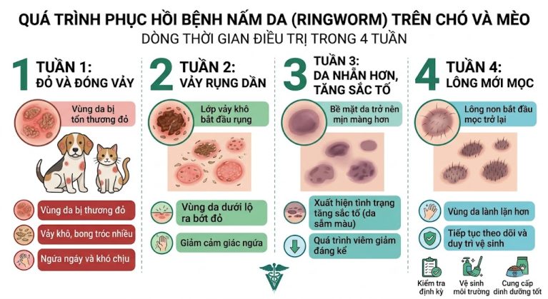 Tiến trình phục hồi và các dấu hiệu lành bệnh nấm da ở chó mèo qua từng tuần.
