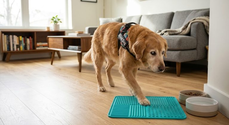 Trải thảm định vị xúc giác cho chó mèo bị mù lòa.