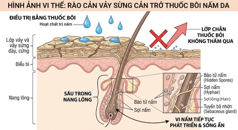 Lớp vảy sừng dày cản trở thuốc bôi nấm thẩm thấu xuống nang lông của chó mèo.