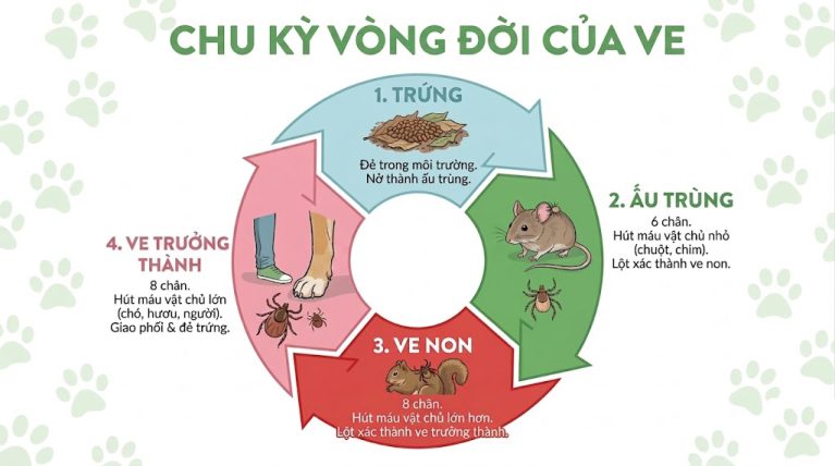 Sơ đồ minh họa vòng đời sinh học của ve