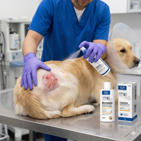Bác sĩ thú y cạo lông và xịt thuốc làm khô bề mặt vết loét Hotspot cho chó