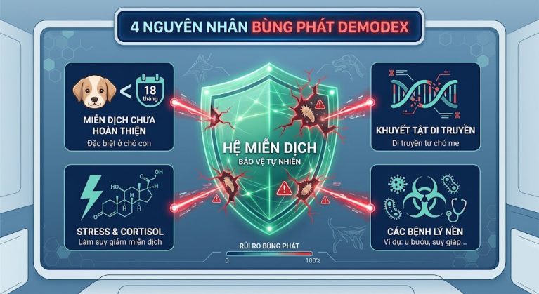 Sơ đồ 4 nguyên nhân cốt lõi làm suy giảm hệ miễn dịch khiến chó bùng phát bệnh ghẻ Demodex.