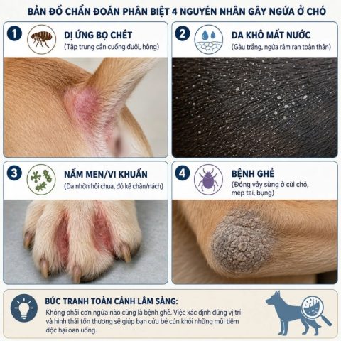 Bản đồ chẩn đoán phân biệt 4 nguyên nhân phổ biến gây ngứa ở chó bao gồm dị ứng bọ chét, da khô, nấm men và bệnh ghẻ.