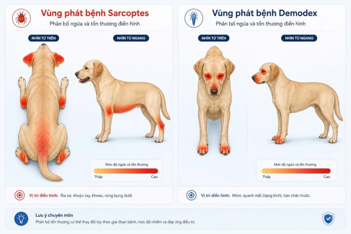 Bản đồ giải phẫu vị trí khởi phát dấu hiệu bệnh ghẻ Sarcoptes và ghẻ Demodex trên cơ thể chó giúp phân biệt mầm bệnh.