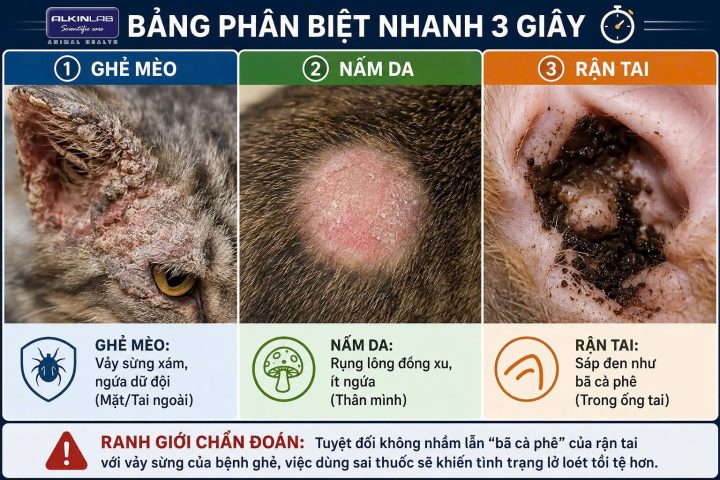 Bảng chẩn đoán phân biệt dấu hiệu bệnh ghẻ mèo Notoedres, nấm da đồng xu và rận tai qua hình thái tổn thương thực tế.