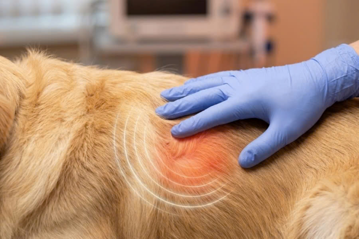 Bác sĩ thú y kiểm tra tình trạng chó bị ngứa gãi liên tục dù vạch lông không tìm thấy bất kỳ dấu vết rận hay ve nào.