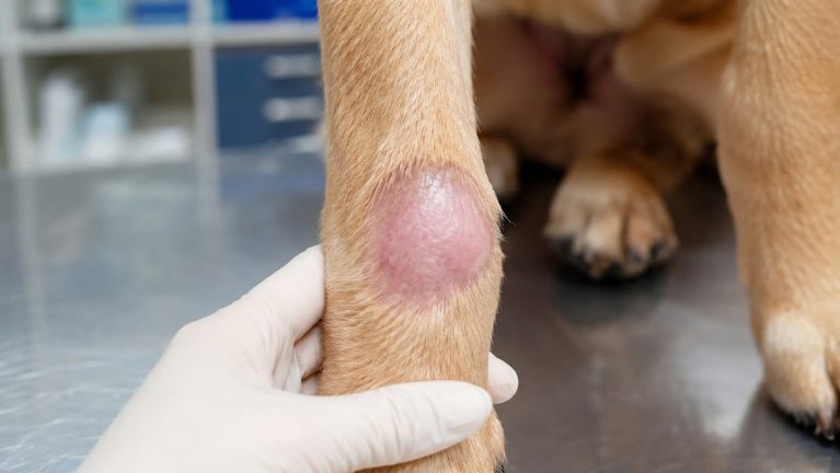 Tổn thương da nhẵn bóng, trụi lông do chó mèo liếm cưỡng chế liên tục một vị trí vì rối loạn tâm lý.