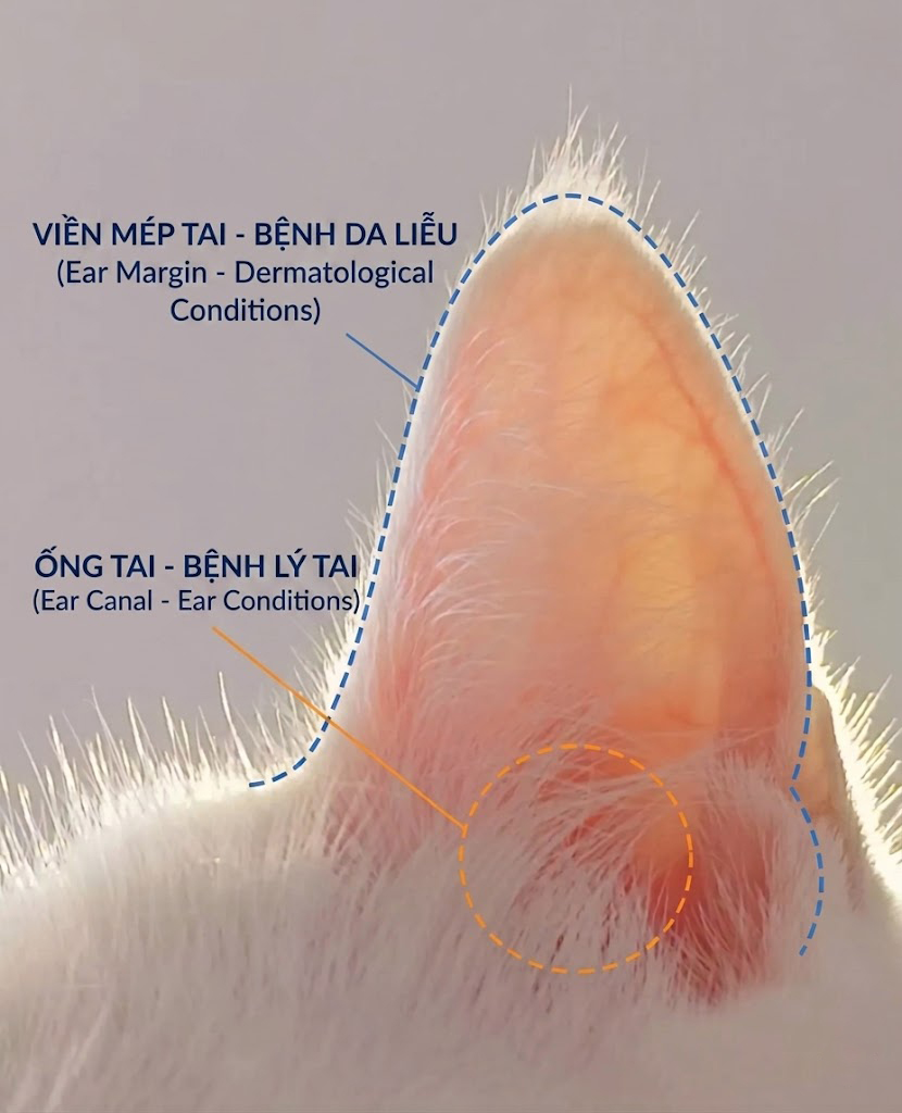 Sơ đồ phân định ranh giới giữa bệnh da liễu (viền mép vành tai) và bệnh tai (gốc tai, ống tai)