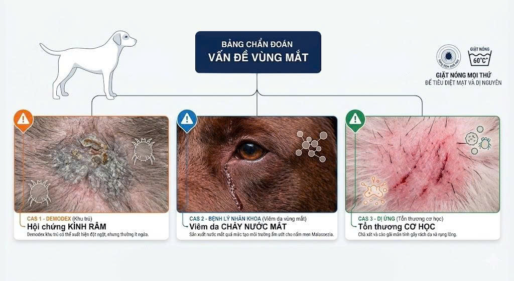 Bảng tra cứu lâm sàng thực tế phân biệt 3 nguyên nhân rụng lông quanh mắt ở chó: ghẻ Demodex khu trú, viêm da do chảy nước mắt và viêm da cơ địa cào gãi.