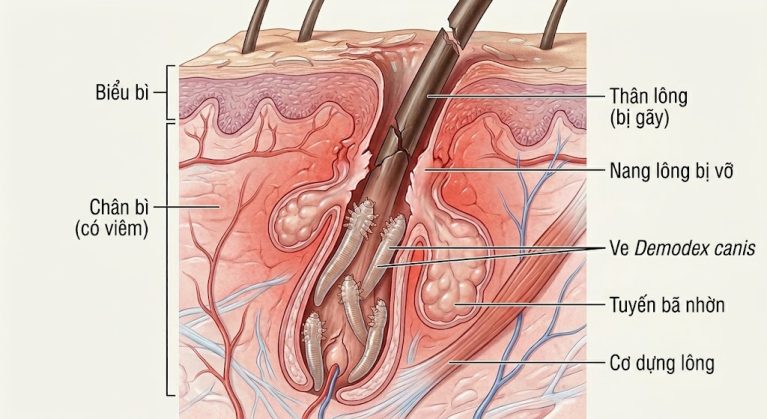 Mô phỏng y khoa ký sinh trùng Demodex canis hình điếu xì gà sinh sôi làm vỡ nang lông và gây rụng lông ở chó.