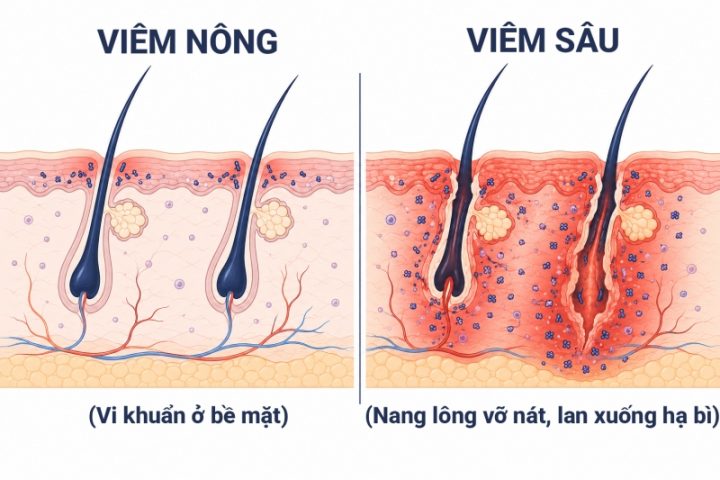 Sơ đồ mặt cắt nang lông mô tả sự khác biệt giữa viêm da mủ nông và viêm da mủ sâu.