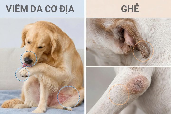 Sơ đồ bản đồ vị trí ngứa phân biệt viêm da cơ địa (mõm, kẽ chân, bụng) và ghẻ Sarcoptes (mép tai, cùi chỏ).