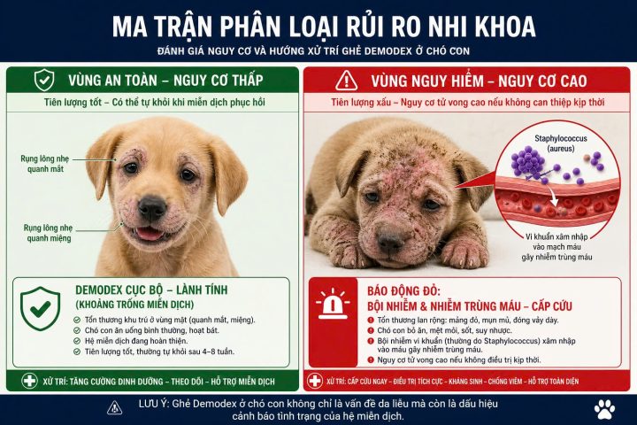 Ma trận phân loại rủi ro y khoa bệnh ghẻ ở chó con từ mức độ lành tính cục bộ đến nguy cơ tử vong do nhiễm trùng huyết.
