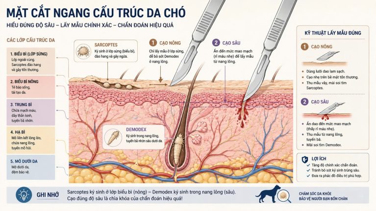 Sơ đồ giải phẫu y khoa giải thích kỹ thuật cạo da nông tìm Sarcoptes và cạo da sâu rỉ máu tìm Demodex ở chó mèo.