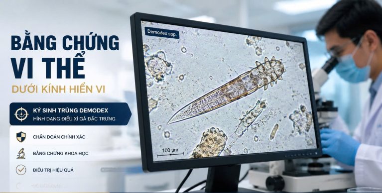 Hình ảnh ký sinh trùng ghẻ máu Demodex hình điếu xì gà được phát hiện qua mẫu cạo da soi dưới kính hiển vi kỹ thuật số.