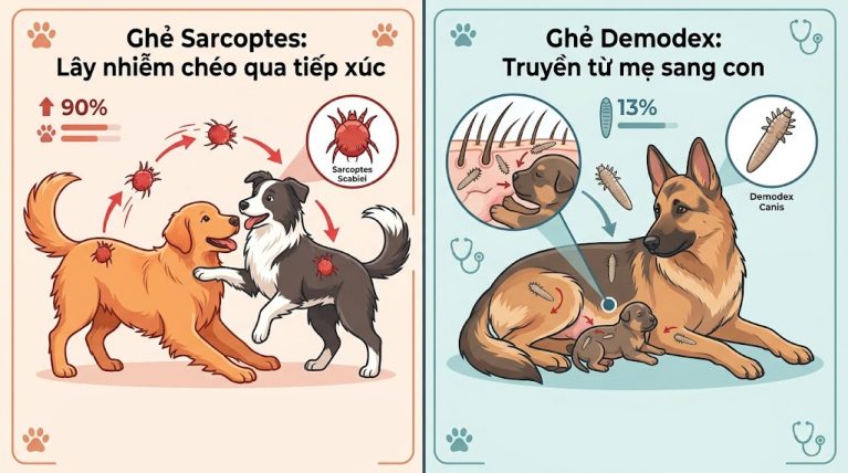 Sơ đồ so sánh con đường lây nhiễm chéo của bệnh ghẻ Sarcoptes và di truyền của ghẻ Demodex ở chó.