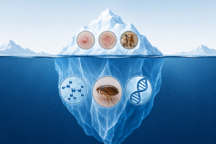 Sơ đồ tảng băng chìm mô tả mối quan hệ giữa triệu chứng viêm da bề mặt và các bệnh lý nền tiềm ẩn ở chó mèo.