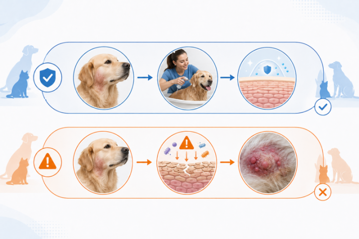 Biểu đồ mô tả sự bùng phát của vi khuẩn khi dừng phác đồ điều trị viêm da quá sớm ở chó mèo.