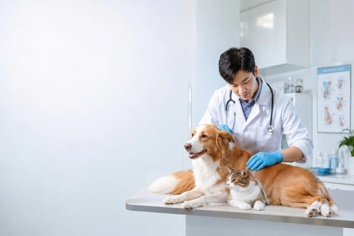 Bác sĩ thú y thăm khám tổng quát hội chứng viêm da ở chó và mèo.