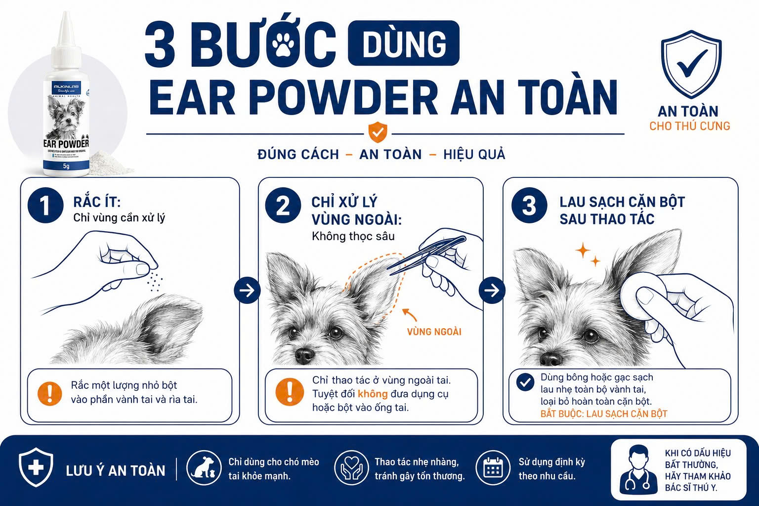 Hướng dẫn 3 bước sử dụng bột nhổ lông tai an toàn: rắc ít, chỉ xử lý vùng ngoài và lau sạch cặn bột sau thao tác.