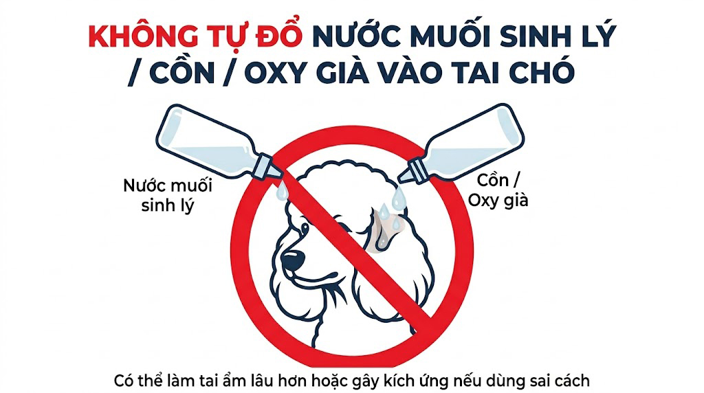 Infographic cảnh báo không dùng nước muối sinh lý, cồn hoặc oxy già để tự vệ sinh tai chó tại nhà.