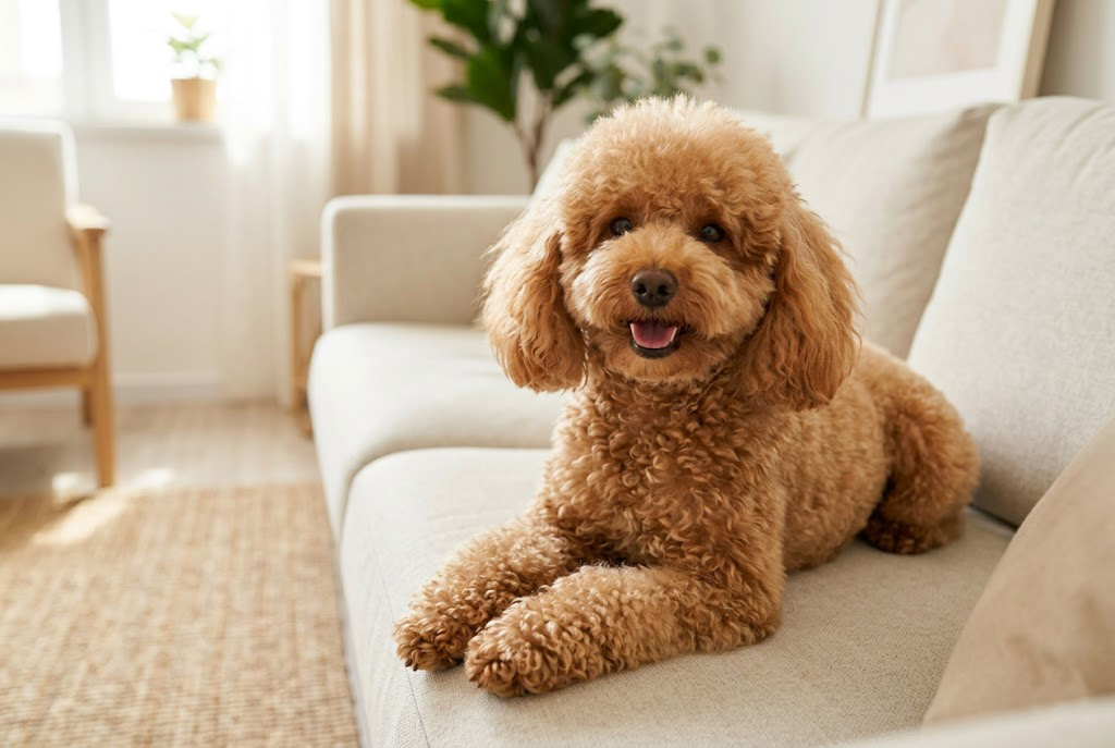 Chó Poodle vui vẻ, khỏe mạnh với đôi tai cụp sạch sẽ sau khi được duy trì vệ sinh tai đúng cách.