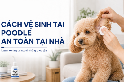 Người nuôi vệ sinh tai cho chó Poodle bằng bông mềm và dung dịch Alkin Ear Care ở vùng tai ngoài.