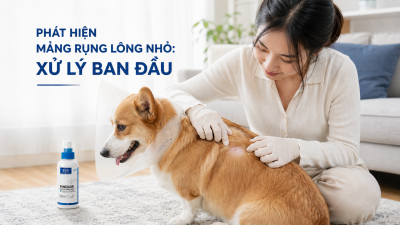 Chủ nuôi đeo găng tay kiểm tra mảng rụng lông nhỏ nghi nấm trên lưng chó cưng để tiến hành khoanh vùng.