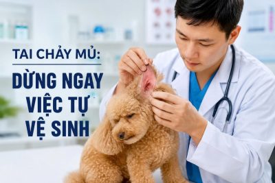 Bác sĩ thú y kiểm tra vùng vành tai sưng đỏ của chó khi có dấu hiệu chảy mủ và bốc mùi hôi.