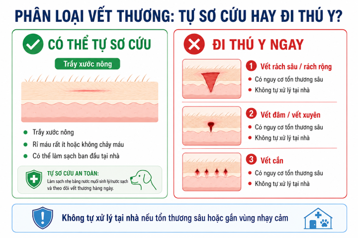 Infographic phân loại vết thương ở chó, so sánh vết trầy xước nông có thể sơ cứu tại nhà với vết rách sâu, vết đâm hoặc vết cắn cần đưa đi thú y ngay.