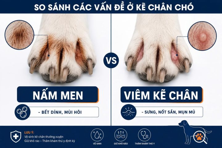 Đồ họa so sánh sự khác biệt lâm sàng giữa kẽ chân bị nhiễm nấm men Malassezia và tình trạng viêm kẽ chân Pododermatitis.